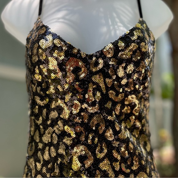 G Guess Black Sequins Mini Dress Size XS Gold Ranji Cheetah Sexy Animal Print - Picture 3 of 12